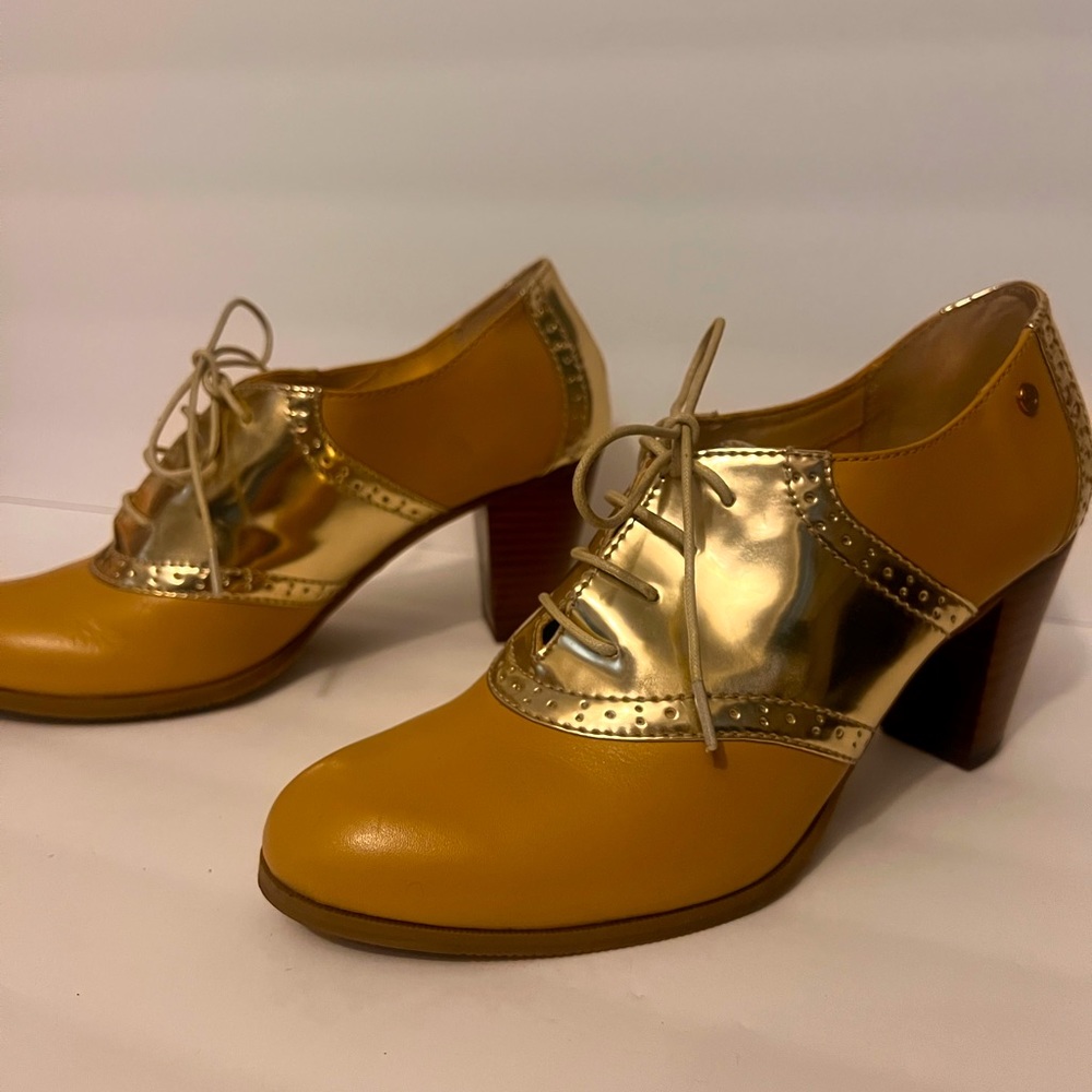 G.H. Bass & Co. gold and tan Eloise heeled Oxford shoes